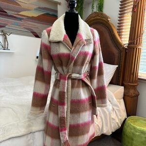 Kate Spade Plaid Pink Wool Blend Belted Coat
